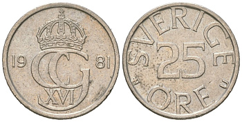 Швеция 25 эре 1981 Карл XVI Густав (1973- ) KM 851 медно-никель UNC 4618-248