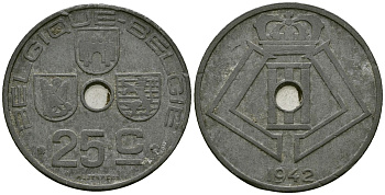 Бельгия 25 сантимов 1942 Belgique - Belgie, германская оккупация, Вторая мировая война KM 131 цинк 4176-1254