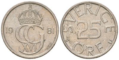Швеция 25 эре 1981 Карл XVI Густав (1973- ) KM 851 медно-никель UNC 4618-248