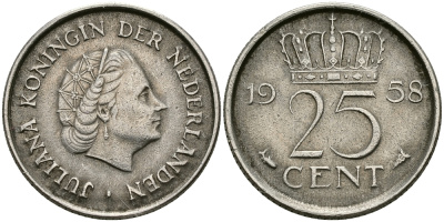 НИДЕРЛАНДЫ 25 ЦЕНТОВ 1958 ЮЛИАНА KM 183 никель 96-142