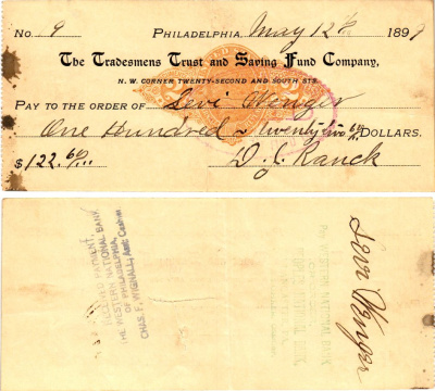 США чек на 122,60 долларов 1899 Филадельфия бумага 3295-39-2-2