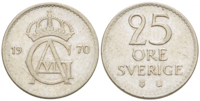 Швеция 25 эре 1970 U Густав VI Адольф (1950-1973) KM 836 медно-никель 3955-362