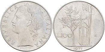 Италия 100 лир 1971 R, Афина KM 96.1 нержавеющая сталь 4512-922