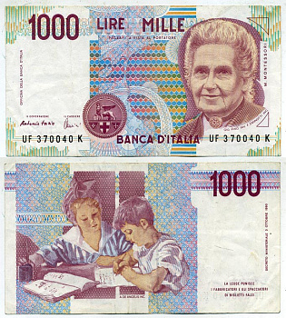 Италия 1000 лир 1990 Мария Монтессори Pick 114c 6289-32-2-1