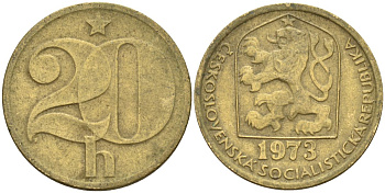 Чехословакия 20 геллеров 1973 KM 74 латунь 4152-542