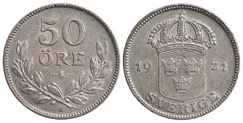 Швеция 50 эре 1931 G, Густав V (1907-1950) KM 788 серебро 4179-941