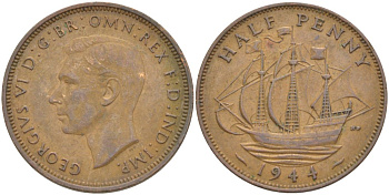 Великобритания 1/2 пенни 1944 Георг VI (1936-1952) KM 844, Spink 4115 бронза 59-1522