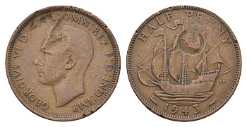 Великобритания 1/2 пенни 1943 Георг VI (1936-1952) KM 844, Spink 4115 бронза 4662-1052