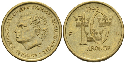 Швеция 10 крон 1992 D, Карл XVI Густав (1973- ) KM 877 медь алюминий цинк 4592-154