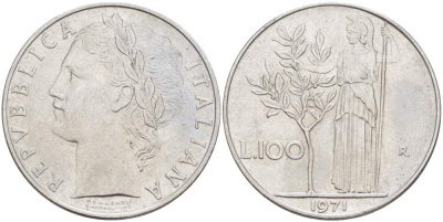 Италия 100 лир 1971 R, Афина KM 96.1 нержавеющая сталь 4512-922