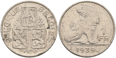 БЕЛЬГИЯ 1 ФРАНК 1939 BELGIE-BELGIQUE, ЛЕОПОЛЬД III (1934-1950) КМ 119 никель 4573-335