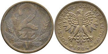 ПОЛЬША 2 ЗЛОТЫХ 1984 MW KM 80.1 латунь 110-557