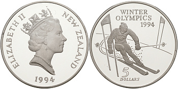 Новая Зеландия 5 долларов 1994 XVII зимние Олимпийские игры 1994 года в Лиллехаммере , слалом KM 96 серебро PROOF 1074-3-61