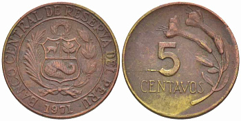 ПЕРУ 5 СЕНТАВО 1971 KM 244.2 латунь 105-722