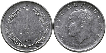 Турция 1 лира 1977 Мустафа Кемаль Ататюрк KM 889а.2 нержавеющая сталь 4541-524