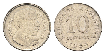 Аргентина 10 сентаво 1954 генерал Хосе де Сан Мартин KM 51 сталь плакированная никелем 4664-552