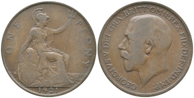 Великобритания 1 пенни 1921 Георг V (1910-1936) KM 810, Spink 4051 бронза 32-516