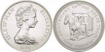 Остров Мэн 1 крона 1976 100 лет конному трамваю KM 38а серебро UNC 1081-4-31