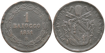 Ватикан 1 байоччо 1851 R, год V KM 1345 (C168) медь 176-241
