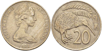 Новая Зеландия 20 центов 1971 Елизавета II (1952-2022), птичка киви KM 36.1 медно-никель 38-733
