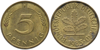 ФРГ 5 ПФЕННИГОВ 1983 F KM 107, J. 382 сталь плакированная латунью 96-1223