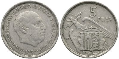Испания 5 песет 1957 (58) Франсиско Франко (1939-1975) KM 786 медно-никель 4171-514