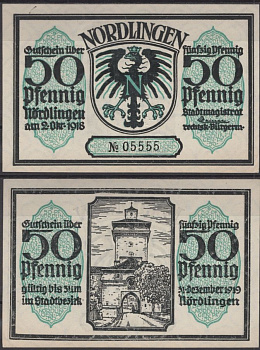 Нердлинген 50 пфеннигов 1921 красивый серийный номер Mehl Grabowski 978.9-4/5 бумага UNC (пресс) 8613-29-3-2