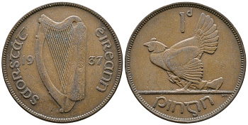 ИРЛАНДИЯ 1 ПЕННИ 1937 КУРИЦА С ЦЫПЛЯТАМИ KM 3 бронза 4110-146