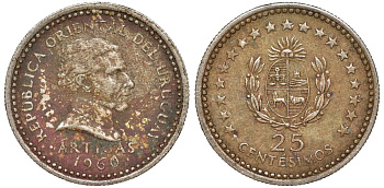 Уругвай 25 сентесимо 1960 KM 40 медно-никель 4580-118