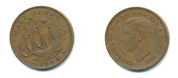 Великобритания 1/2 пенни 1944 Георг VI (1936-1952) KM 844, Spink 4115 бронза 59-1024