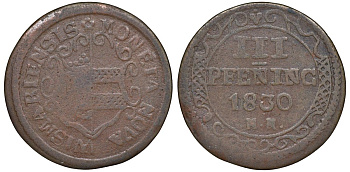Мекленбург-Висмар 3 пфеннига 1830  AKS 93 медь    188-458