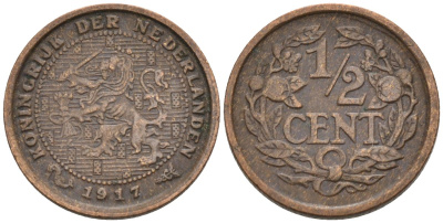 Нидерланды 1/2 цента 1917 Вильгельмина (1890-1948) KM 138 бронза 4576-411