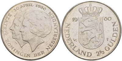 Нидерланды 2 1/2 гульдена 1980 коронация Беатрикс, 30 апреля 1980 KM 201 никель 210-1243