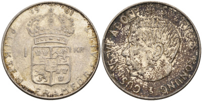 Швеция 1 крона 1961 TS, Густав VI Адольф (1950-1973) KM 826 серебро 4150-115