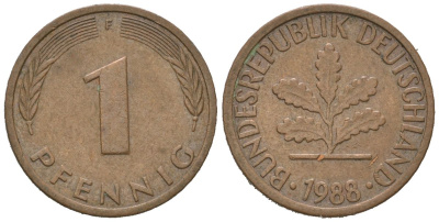 ФРГ 1 пфенниг 1988 F KM 105, J. 380 сталь плакированная медью 4580-645