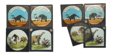 Нидерланды лот из 4 фотокарточек нарисованы от руки на линзе, 1 слон и шарманщик музыка имеет чары; 2 слон привлекает внимание своим хоботом и поднимает его; 3 слон побеждает человека скидывая его в кактус; 4 побежденный человек уходит 3-6-6-33