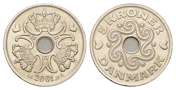 Дания 5 крон 2001 Маргрете II (1972-2024) KM 869 медно-никель UNC 119-112