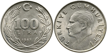 ТУРЦИЯ 100 ЛИР 1987 KM 967 медь никель цинк 29-934