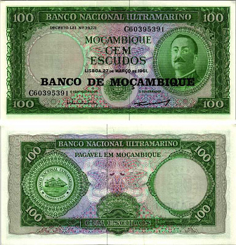 Мозамбик 100 эскудо 1961 (1976) надпечатка на 1961, Айрес де Орнелас  Pick 117 a бумага aUNC 8518-48-2-1
