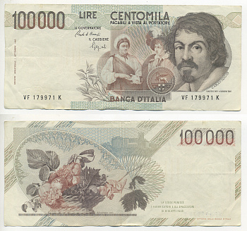 Италия 100000 лир 1983 Караваджо, фруктовый букет, подпись Speziali Pick 110b бумага 7220-13-3