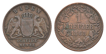 Баден 1 крейцер 1868 Фридрих I (1856-1907) KM 242 медь 4604-934
