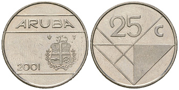 Аруба 25 центов 2001 KM 3 сталь плакированная никелем aUNC 187-517