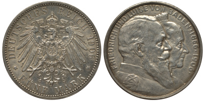 Баден 5 марок 1906 золотая свадьба Фридриха I и Луизы, Weege 34, J. 35, KM 277 серебро aUNC 00-815-63