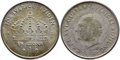 Швеция 1 крона 2002 Карл XVI Густав (1973- ) KM 894 медно-никель 4364-1027