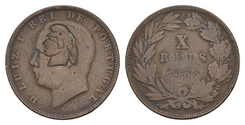 Португалия 10 реалов 1883 Луиш I (1861-1889), надчеканка - голова свободы KM 526 бронза 4654-917