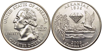США 25 центов = квотер 2003 D, серия штаты США, штат Арканзас KM 347 медь плакированная медно-никелем UNC M20-16