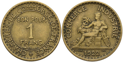 Франция 1 франк 1922 KM 876, Le Franc 218.5 алюминиевая бронза 4142-634