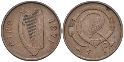 ИРЛАНДИЯ 1/2 ПЕННИ 1971 ПТИЧКА KM 19 бронза 4588-411