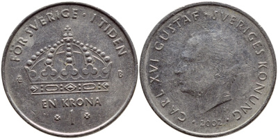 Швеция 1 крона 2002 Карл XVI Густав (1973- ) KM 894 медно-никель 4364-1036
