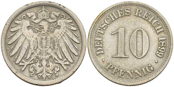 ГЕРМАНИЯ 10 ПФЕННИГОВ 1899 D KM 12, J. 13 медно-никель 4401-1046